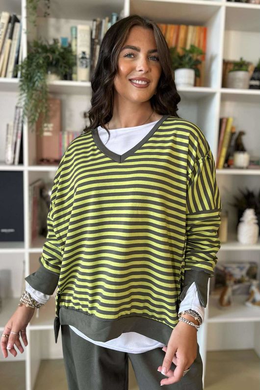 The Sunday Morning Stripe V Slouch Sweatshirt Pear Khaki